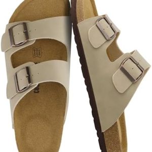 CUSHIONAIRE Lane Cork Footbed Sandals for Men - Adjustable Buckle Comfort Slides with Genuine Leather Insole - Summer Fo
