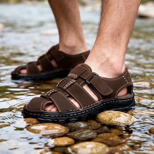 Jousen Men's Arch Support Casual Genuine Leather Sandals - Summer Outdoor Beach Fisherman Footwear for Comfort and Durab