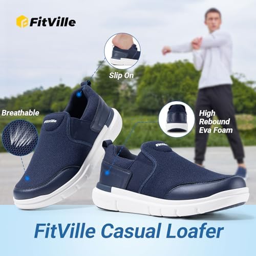 FitVille Men's Extra Wide Slip-On Walking Shoes - Lightweight, Non-Slip Casual Loafers for All-Day Comfort